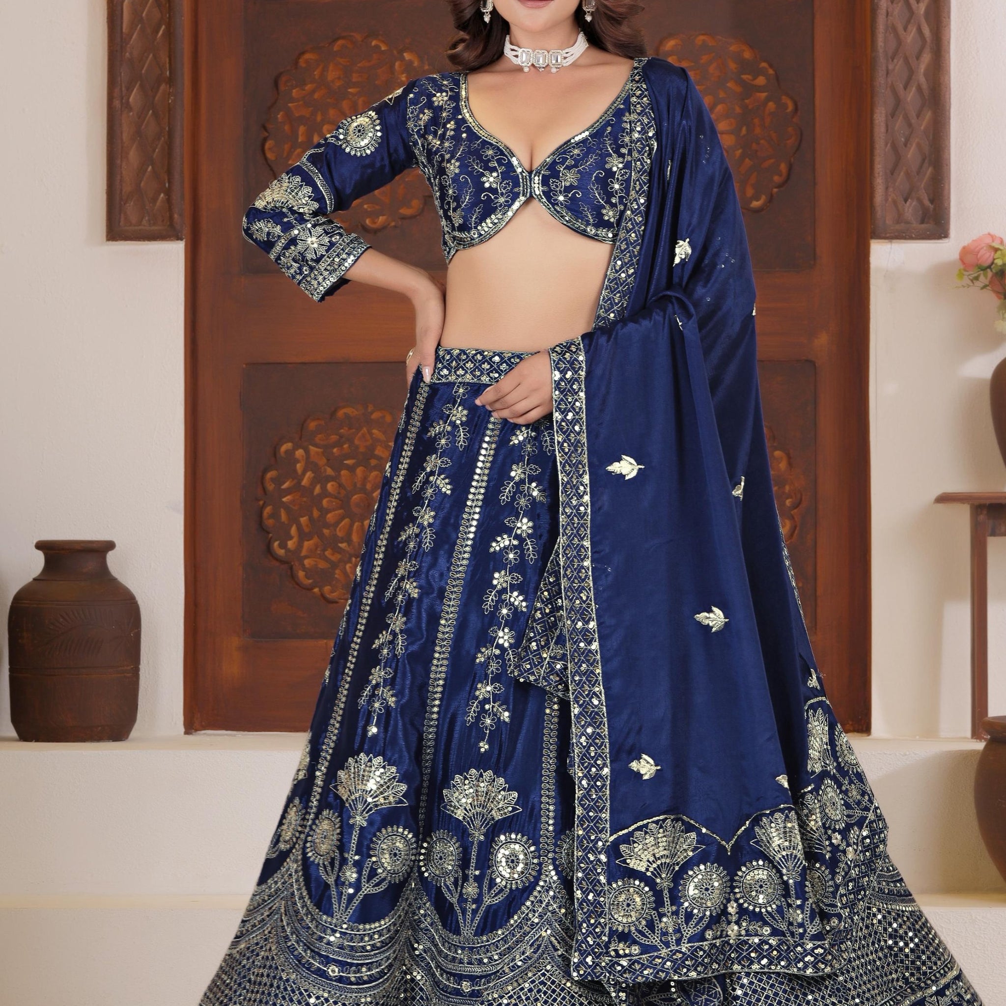 Chic Navy Blue Zari Embroidered Chinon Event Wear Lehenga Choli With Dupatta