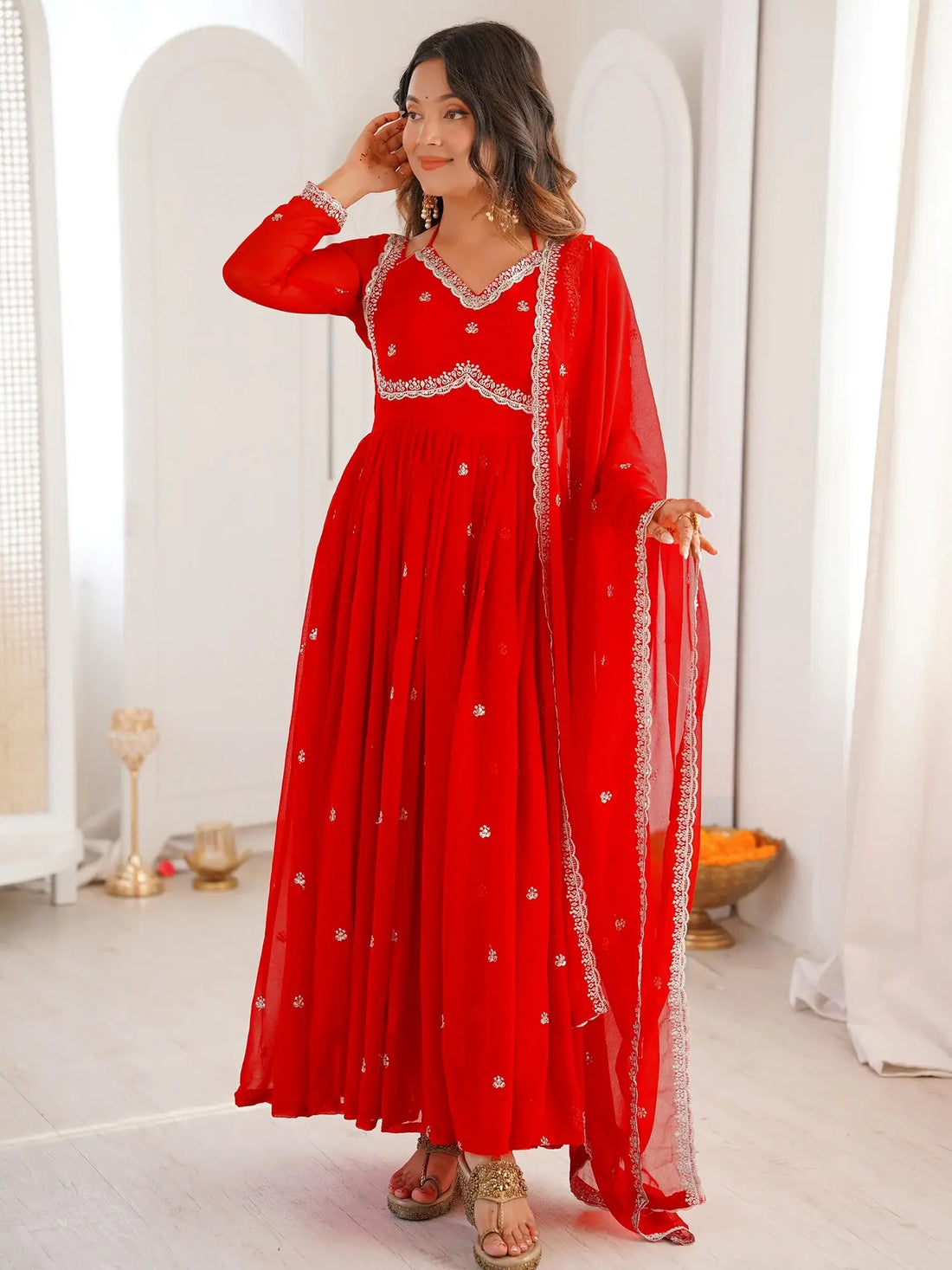 Lovable Red Sequins Georgette Engagement Wear Anarkali Gown With Dupatta