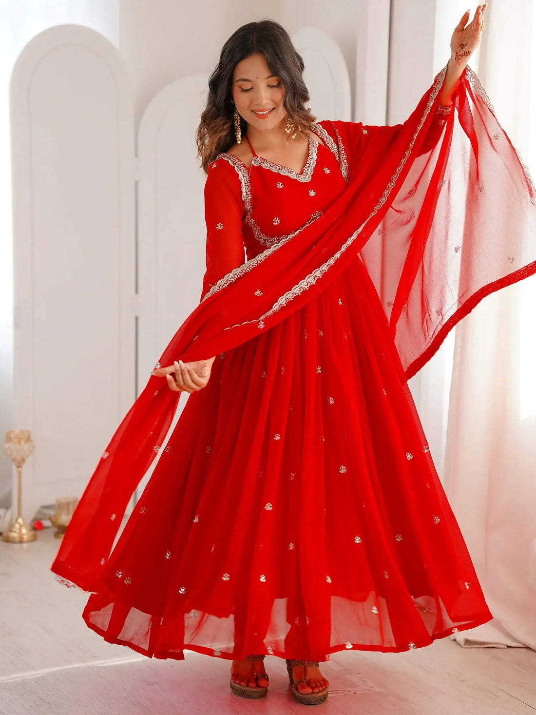 Lovable Red Sequins Georgette Engagement Wear Anarkali Gown With Dupatta