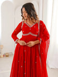 Lovable Red Sequins Georgette Engagement Wear Anarkali Gown With Dupatta
