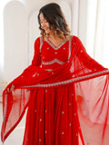 Lovable Red Sequins Georgette Engagement Wear Anarkali Gown With Dupatta
