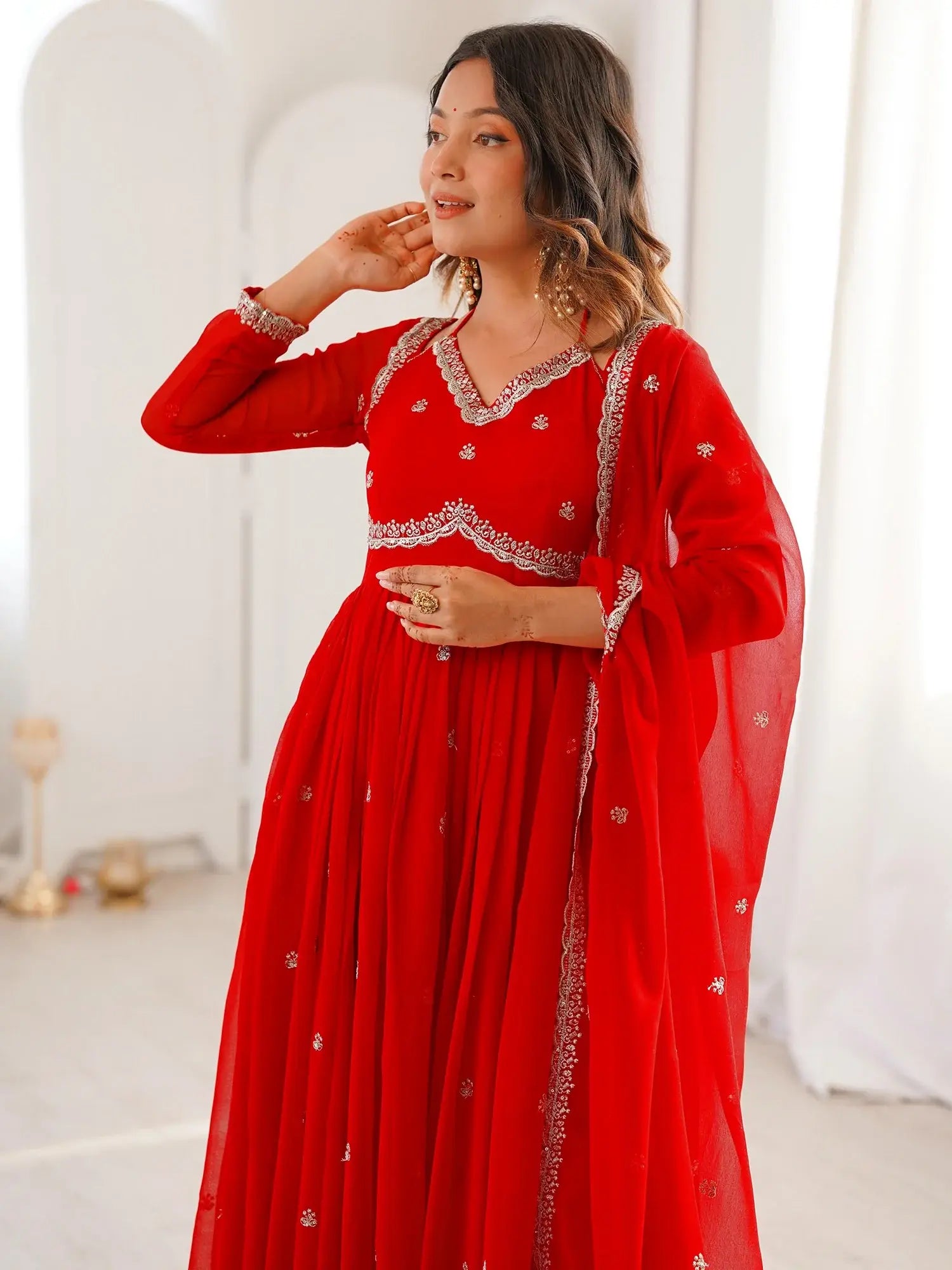Lovable Red Sequins Georgette Engagement Wear Anarkali Gown With Dupatta
