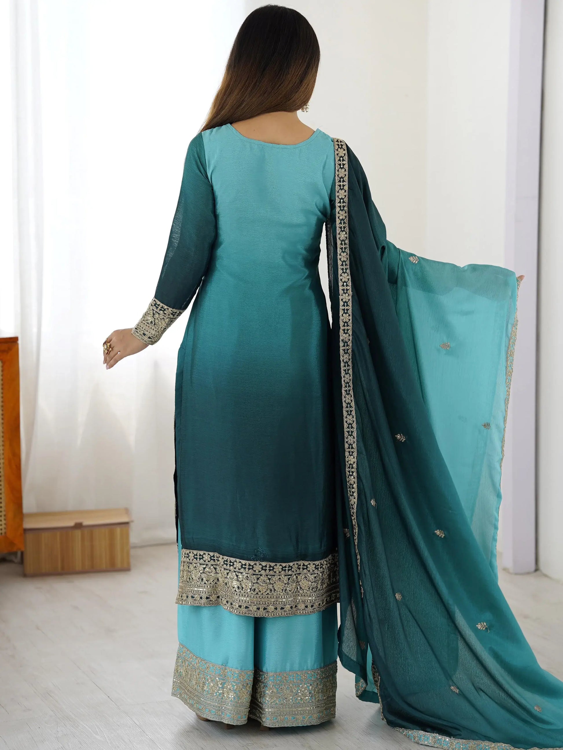 Gorgeous Blue Dori Embroidery Chinon Wedding Wear Sharara Suit With Dupatta