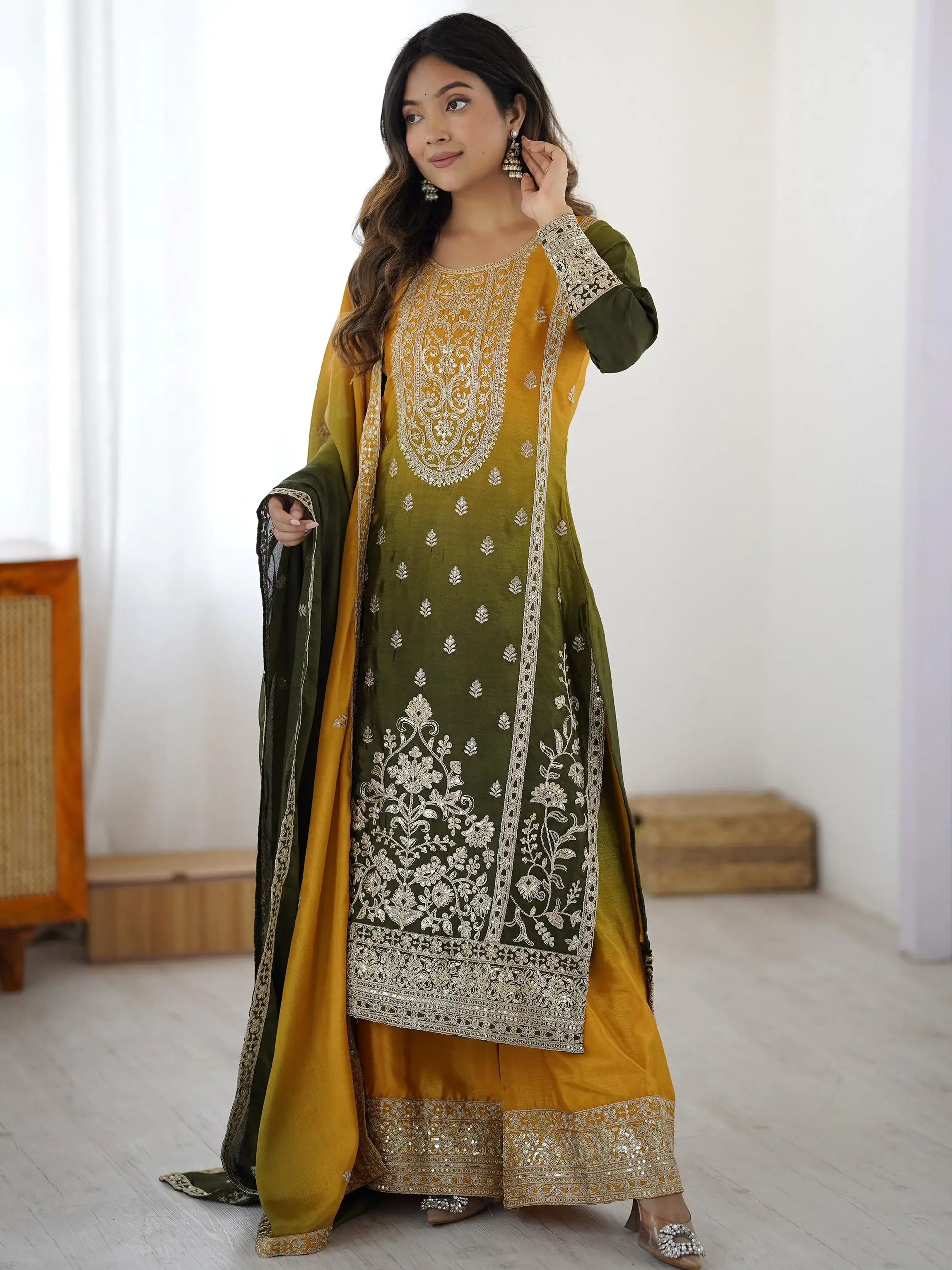 Dazzling Yellow Coding Work Chinon Haldi Wear Sharara Suit With Dupatta