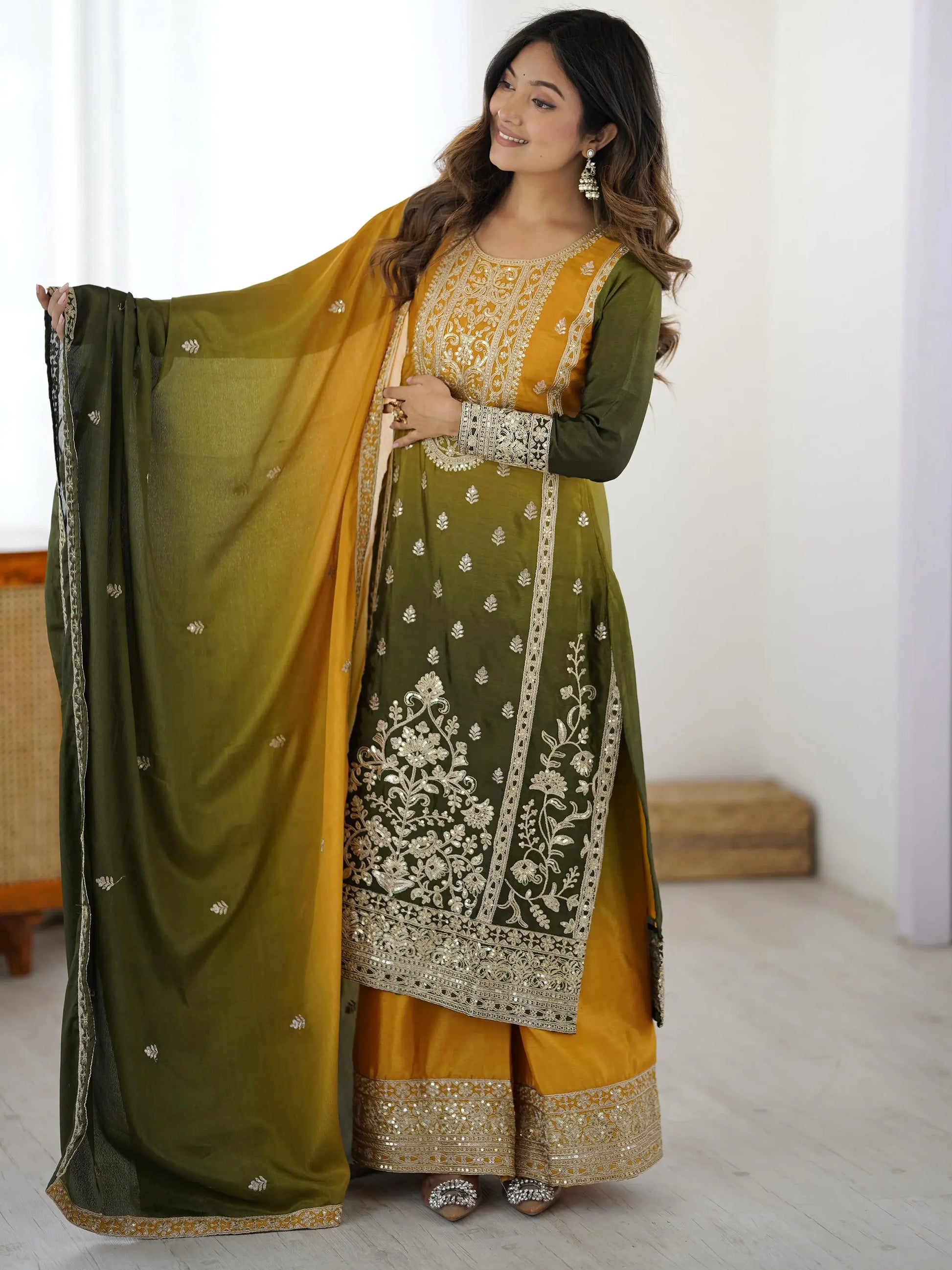 Dazzling Yellow Coding Work Chinon Haldi Wear Sharara Suit With Dupatta