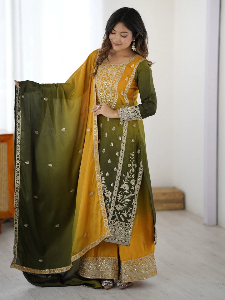 Dazzling Yellow Coding Work Chinon Haldi Wear Sharara Suit With Dupatta