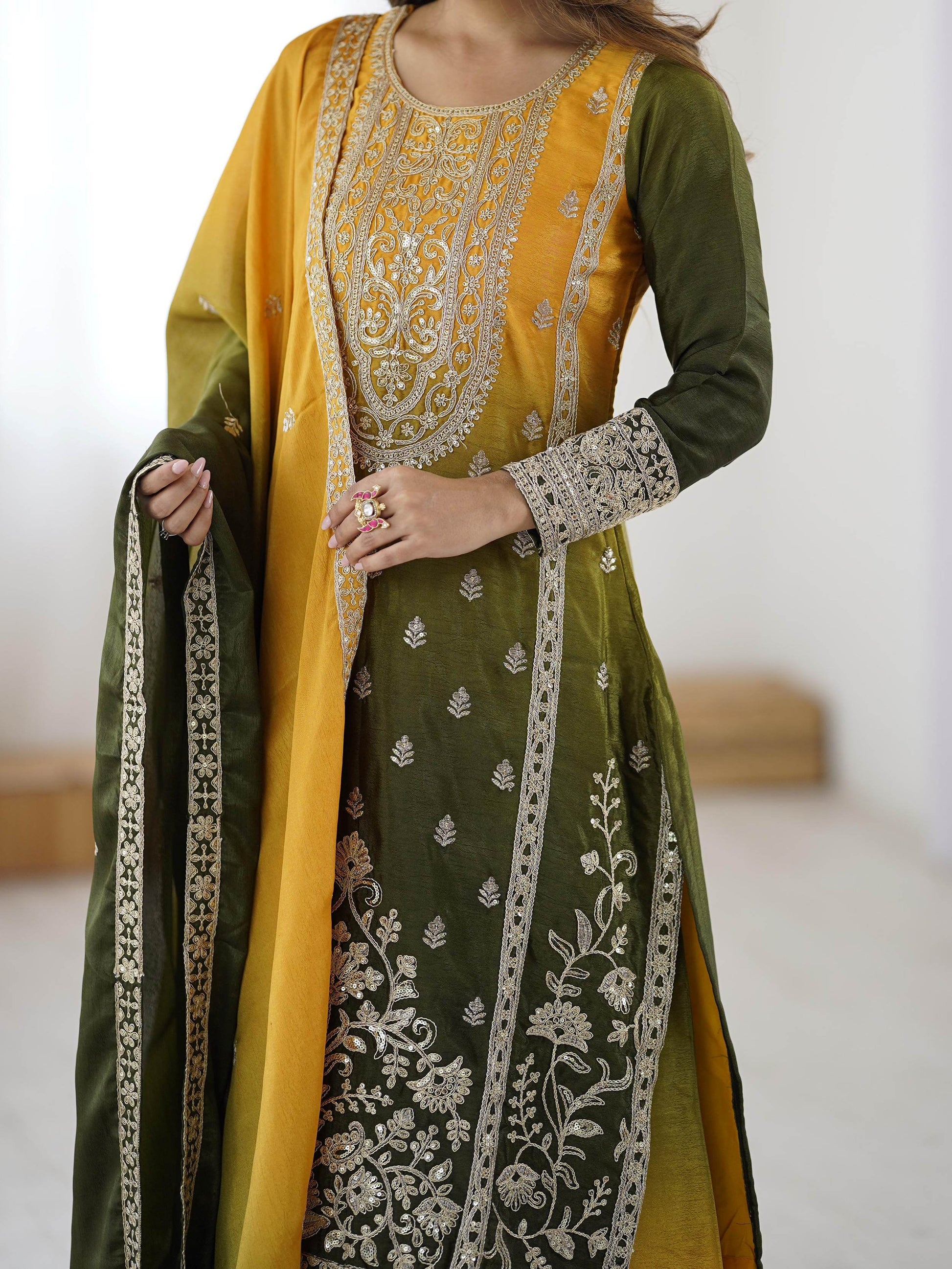 Dazzling Yellow Coding Work Chinon Haldi Wear Sharara Suit With Dupatta