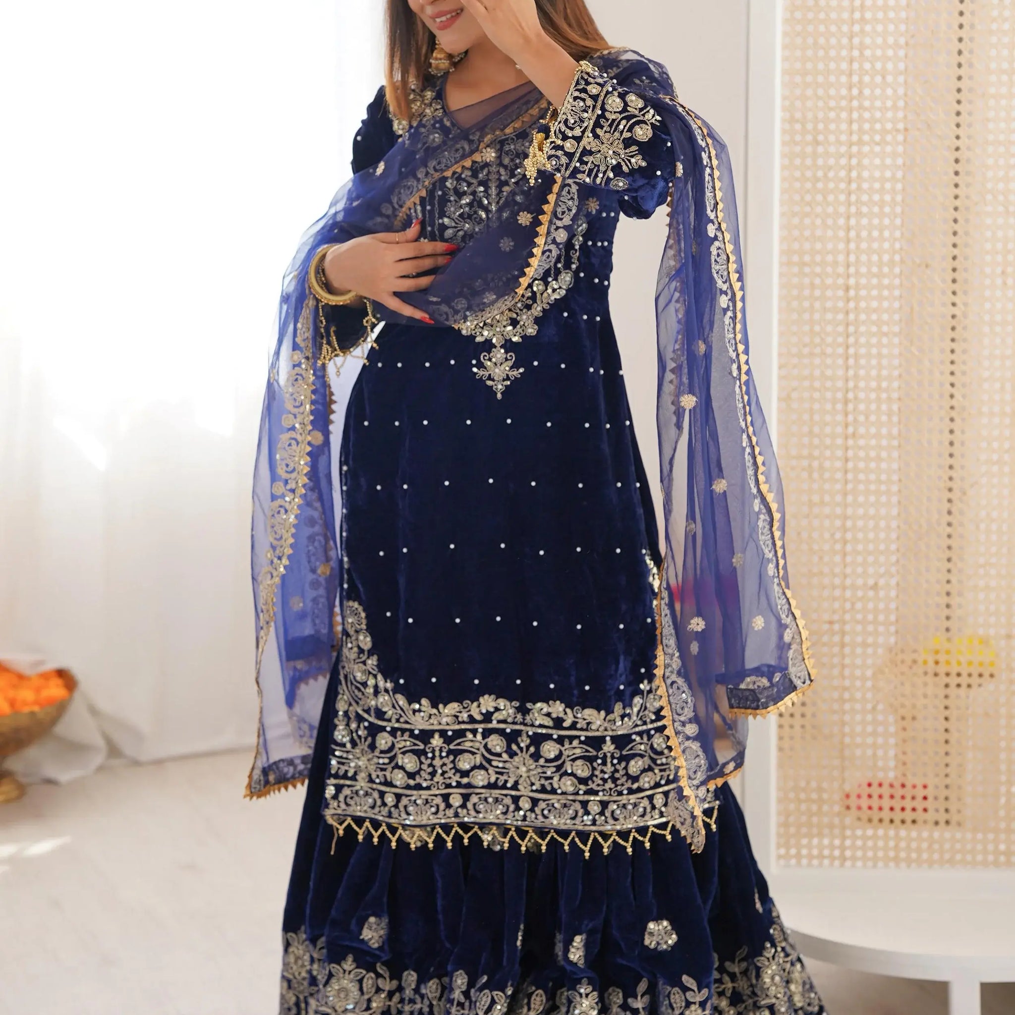 Alluring Navy Blue Dori Embroidery Velvet Reception Wear Sharara Suit