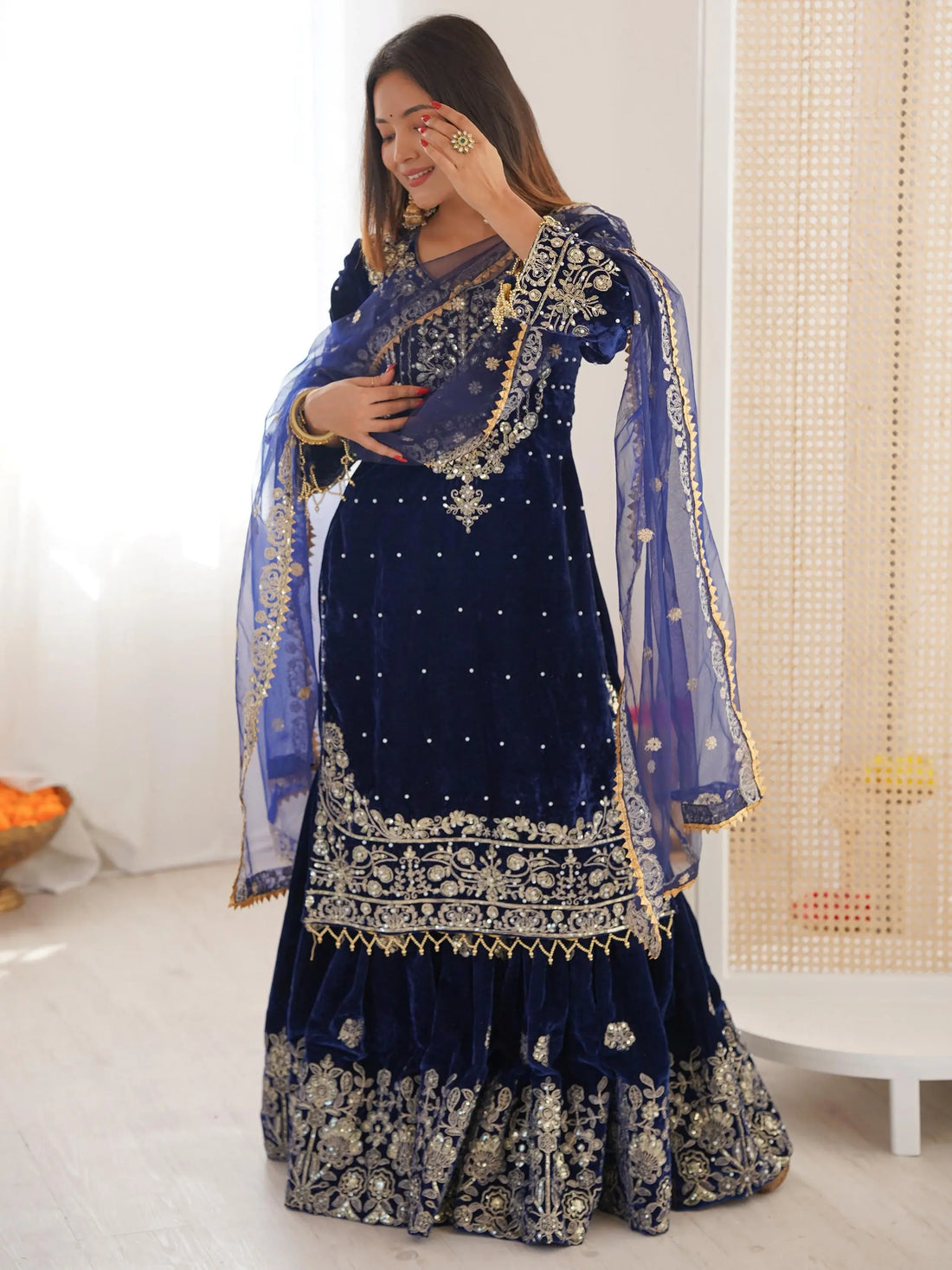 Alluring Navy Blue Dori Embroidery Velvet Reception Wear Sharara Suit
