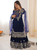 Alluring Navy Blue Dori Embroidery Velvet Reception Wear Sharara Suit