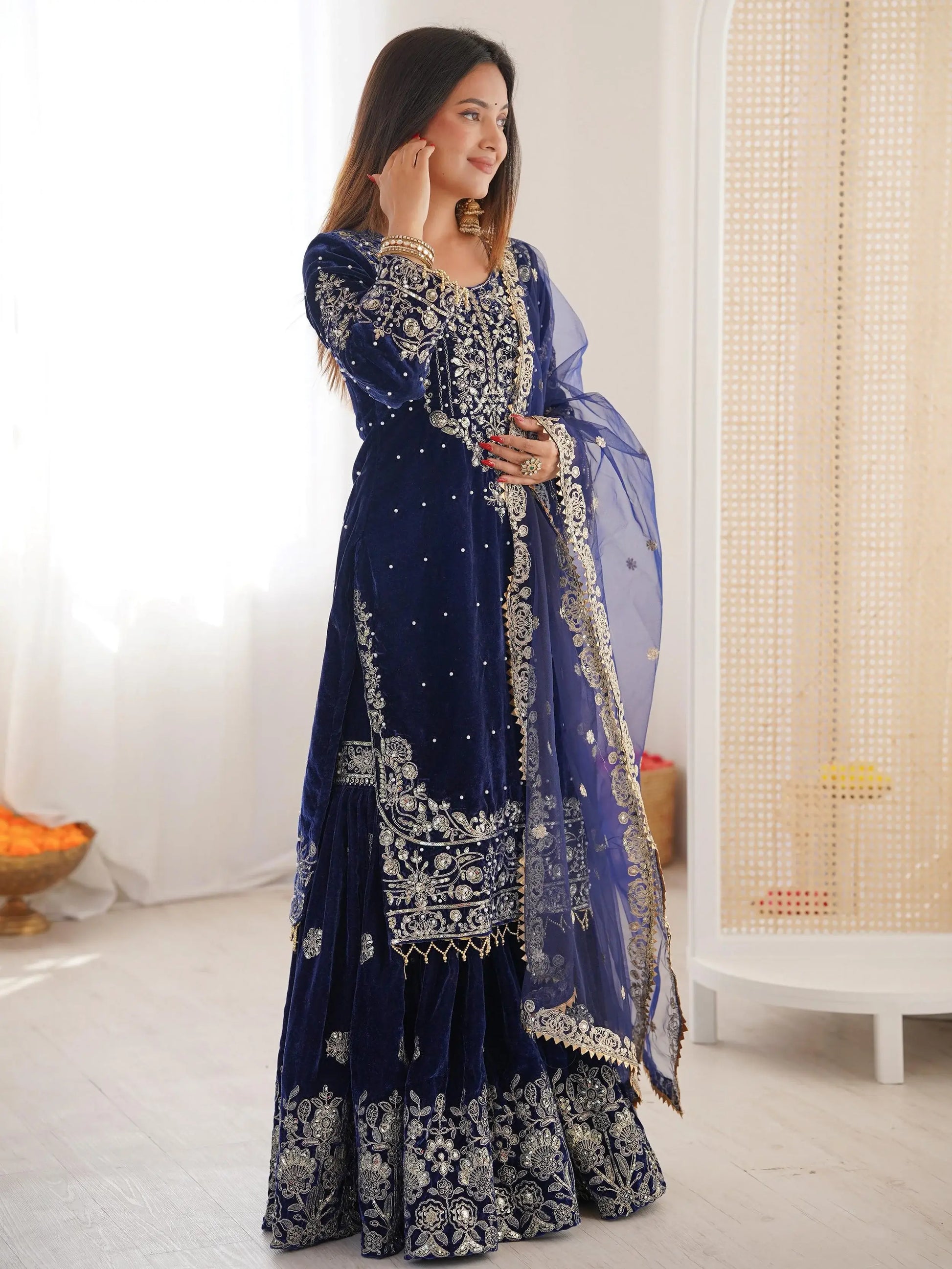 Alluring Navy Blue Dori Embroidery Velvet Reception Wear Sharara Suit