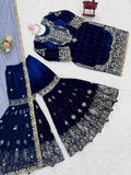 Alluring Navy Blue Dori Embroidery Velvet Reception Wear Sharara Suit