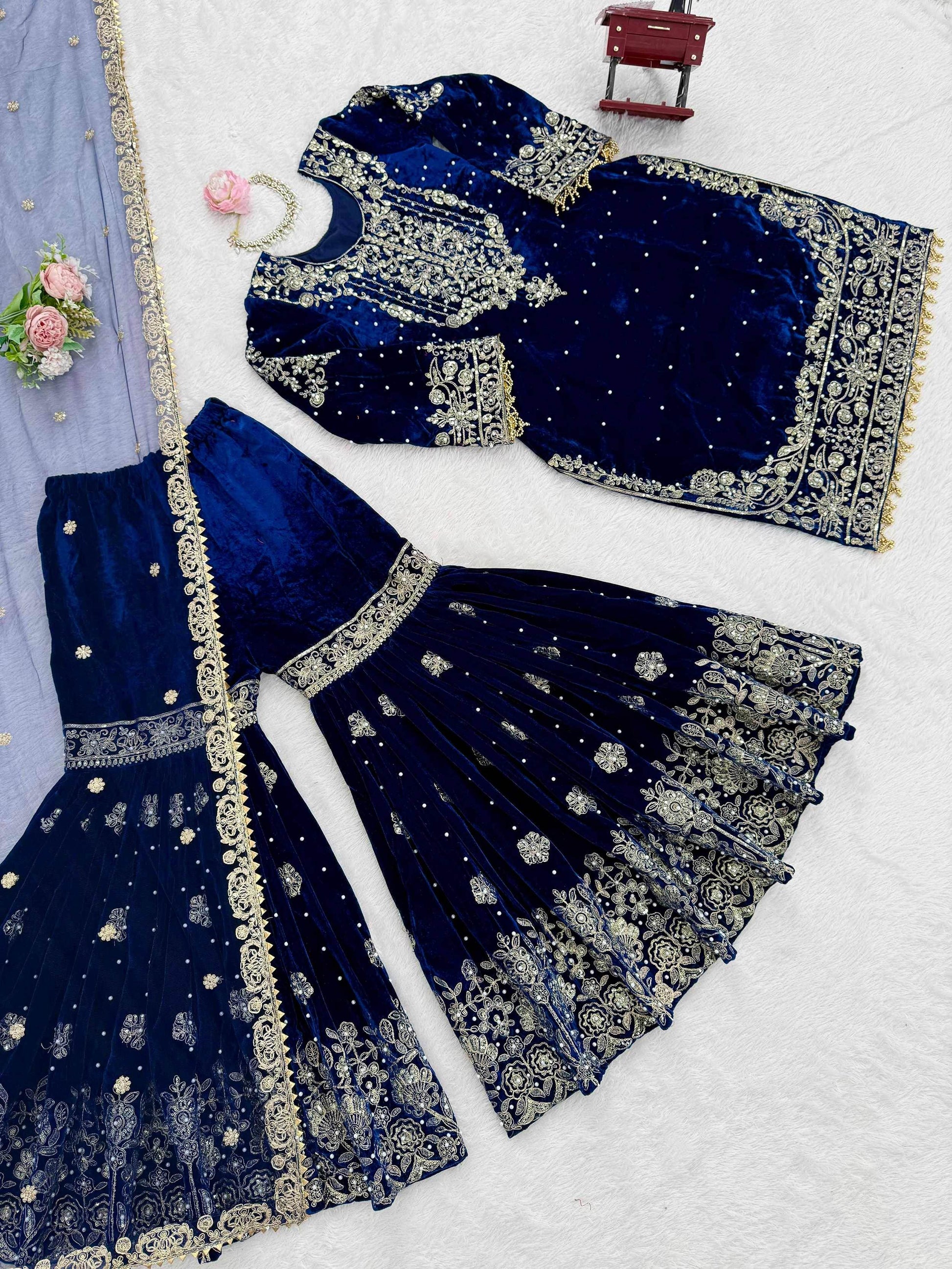 Alluring Navy Blue Dori Embroidery Velvet Reception Wear Sharara Suit
