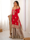 Lovable Red Coding Work Chinon Wedding Wear Sharara Suit With Dupatta
