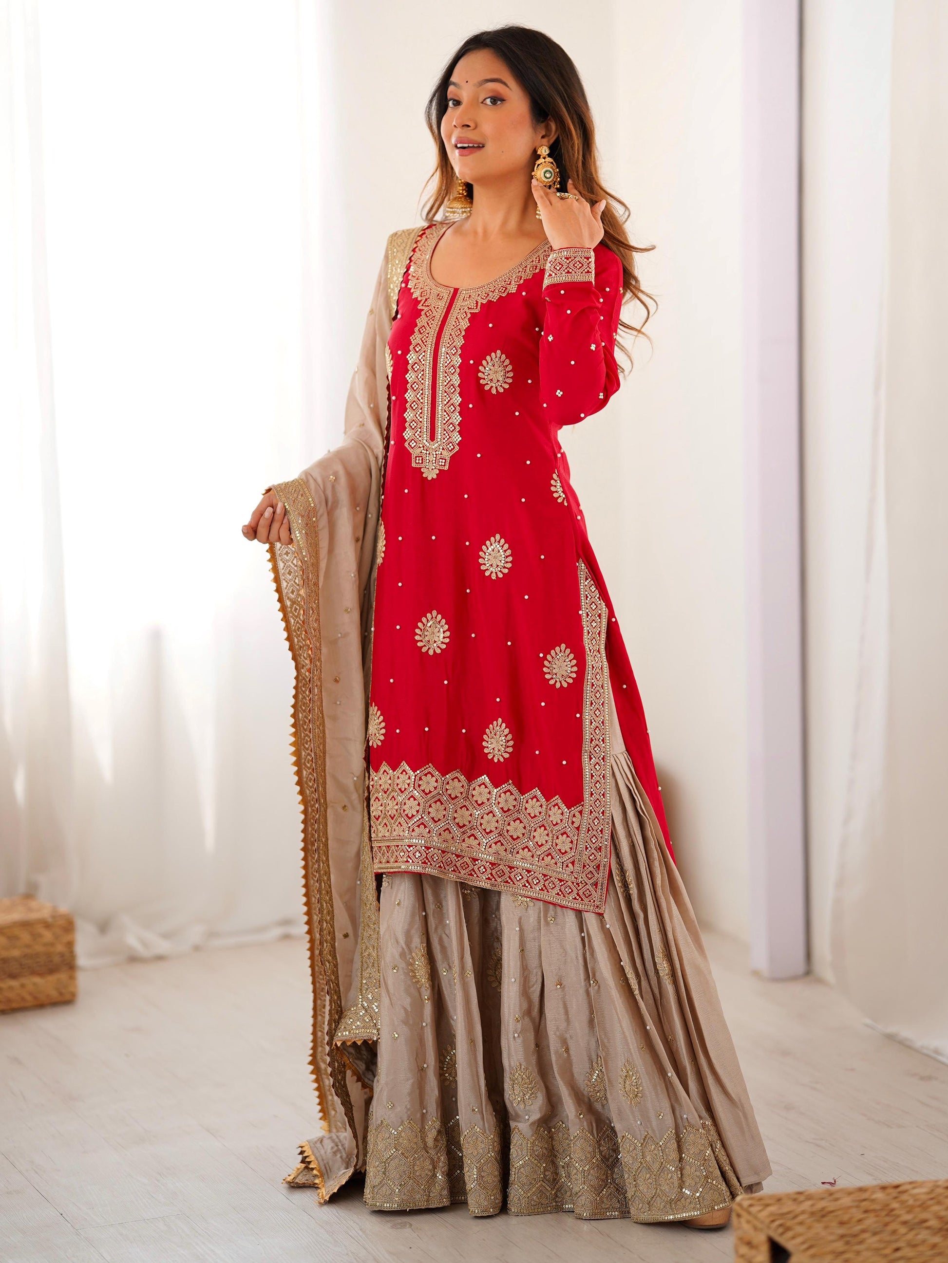 Lovable Red Coding Work Chinon Wedding Wear Sharara Suit With Dupatta