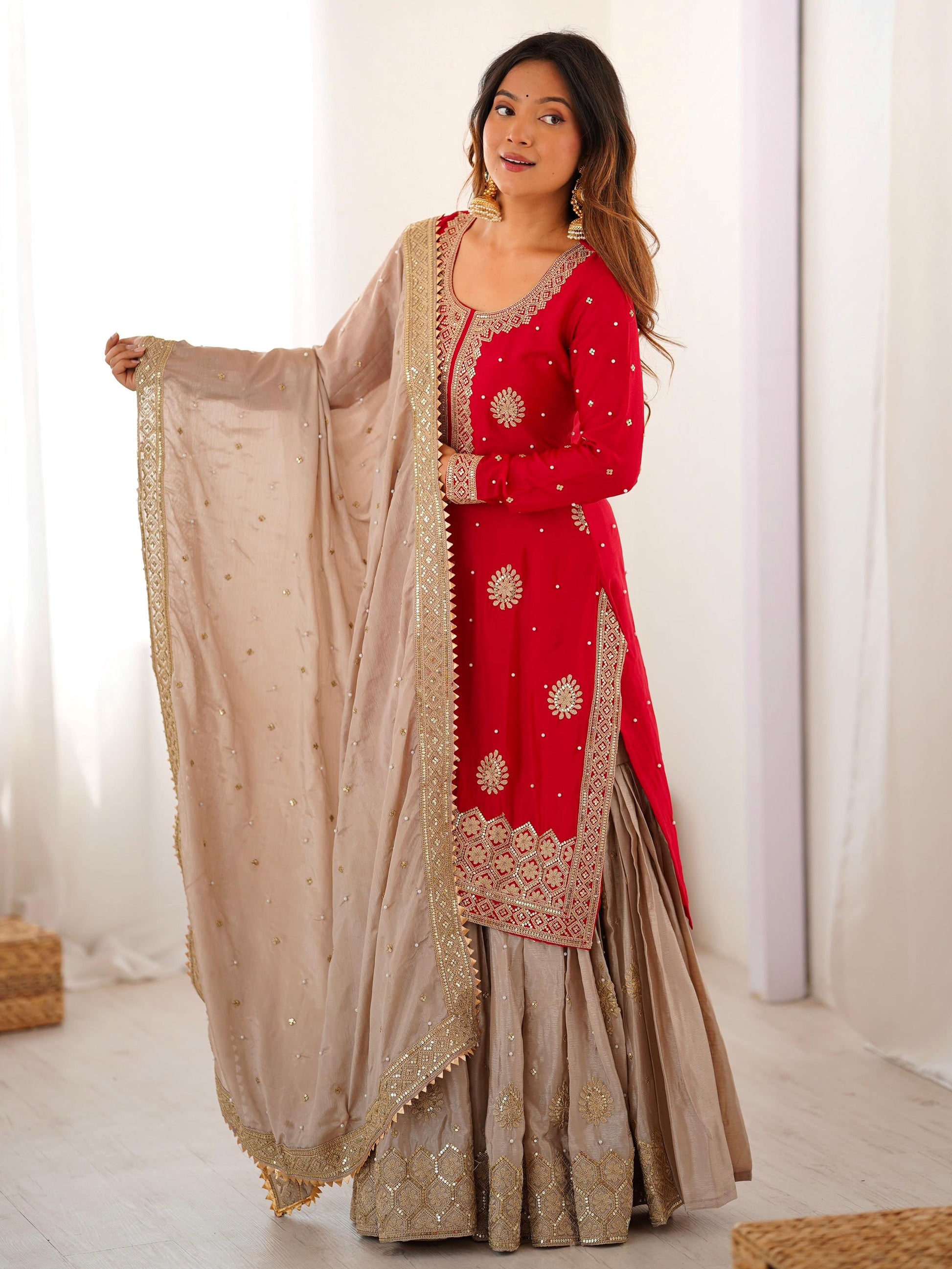 Lovable Red Coding Work Chinon Wedding Wear Sharara Suit With Dupatta