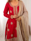 Lovable Red Coding Work Chinon Wedding Wear Sharara Suit With Dupatta
