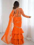 Lovely Orange Georgette Party Wear Ruffle Lehenga Saree With Embroidered Blouse