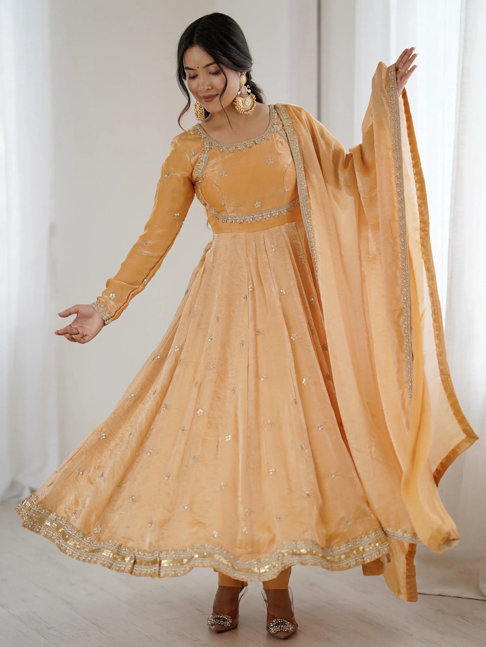 Glamorous Beige Coding Embroidery Silk Wedding Wear Anarkali Gown With Dupatta