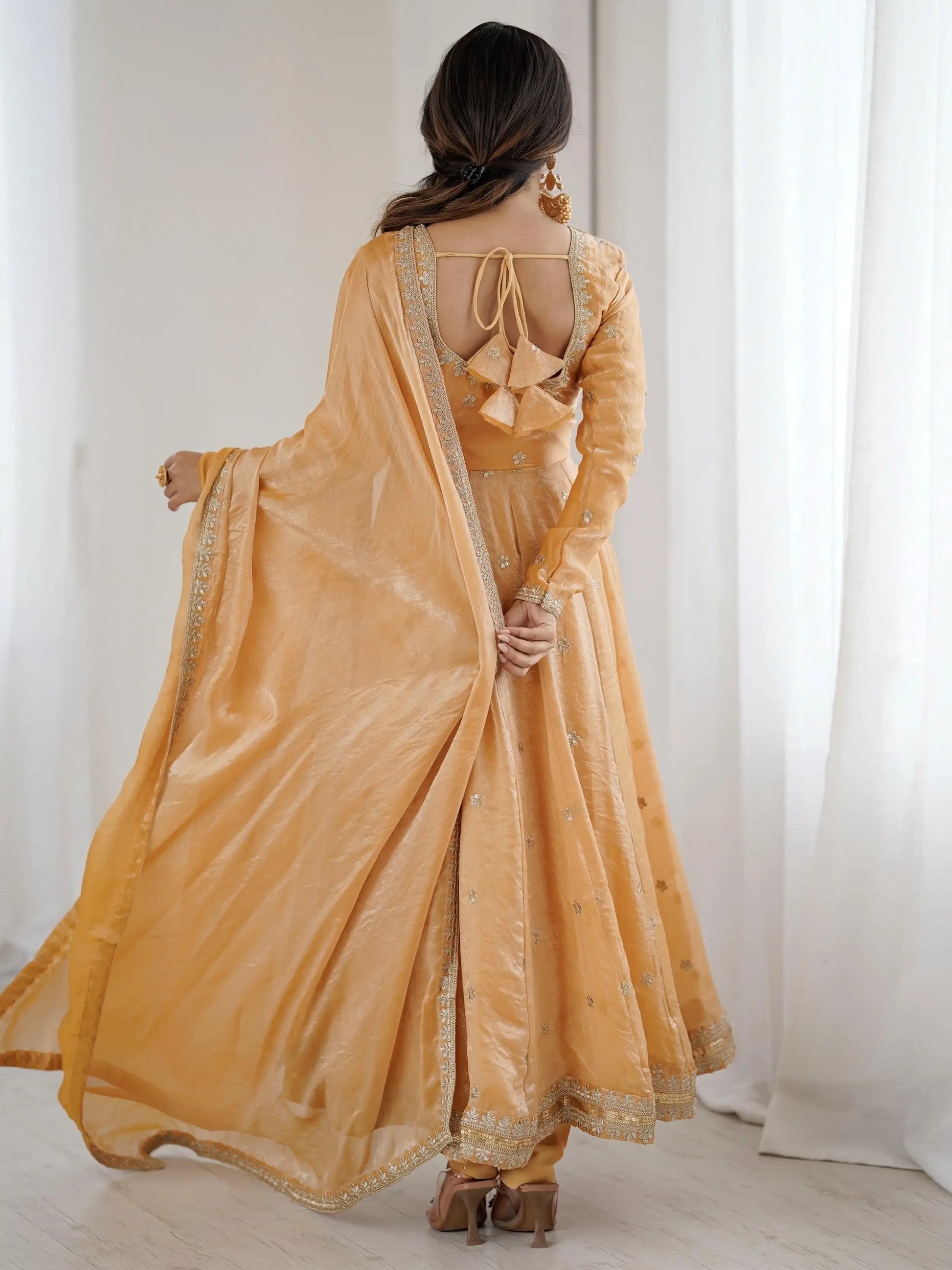 Glamorous Beige Coding Embroidery Silk Wedding Wear Anarkali Gown With Dupatta