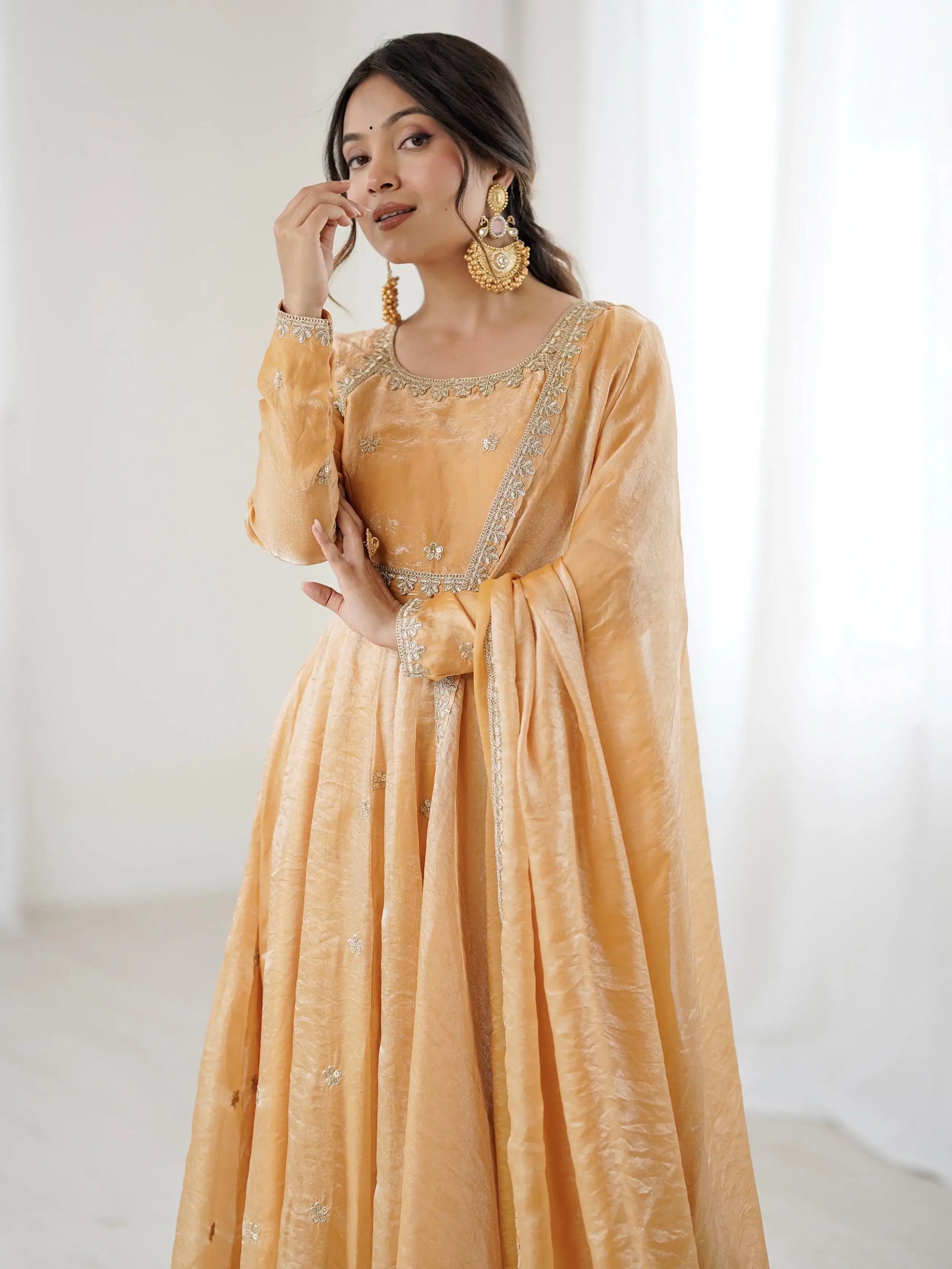 Glamorous Beige Coding Embroidery Silk Wedding Wear Anarkali Gown With Dupatta