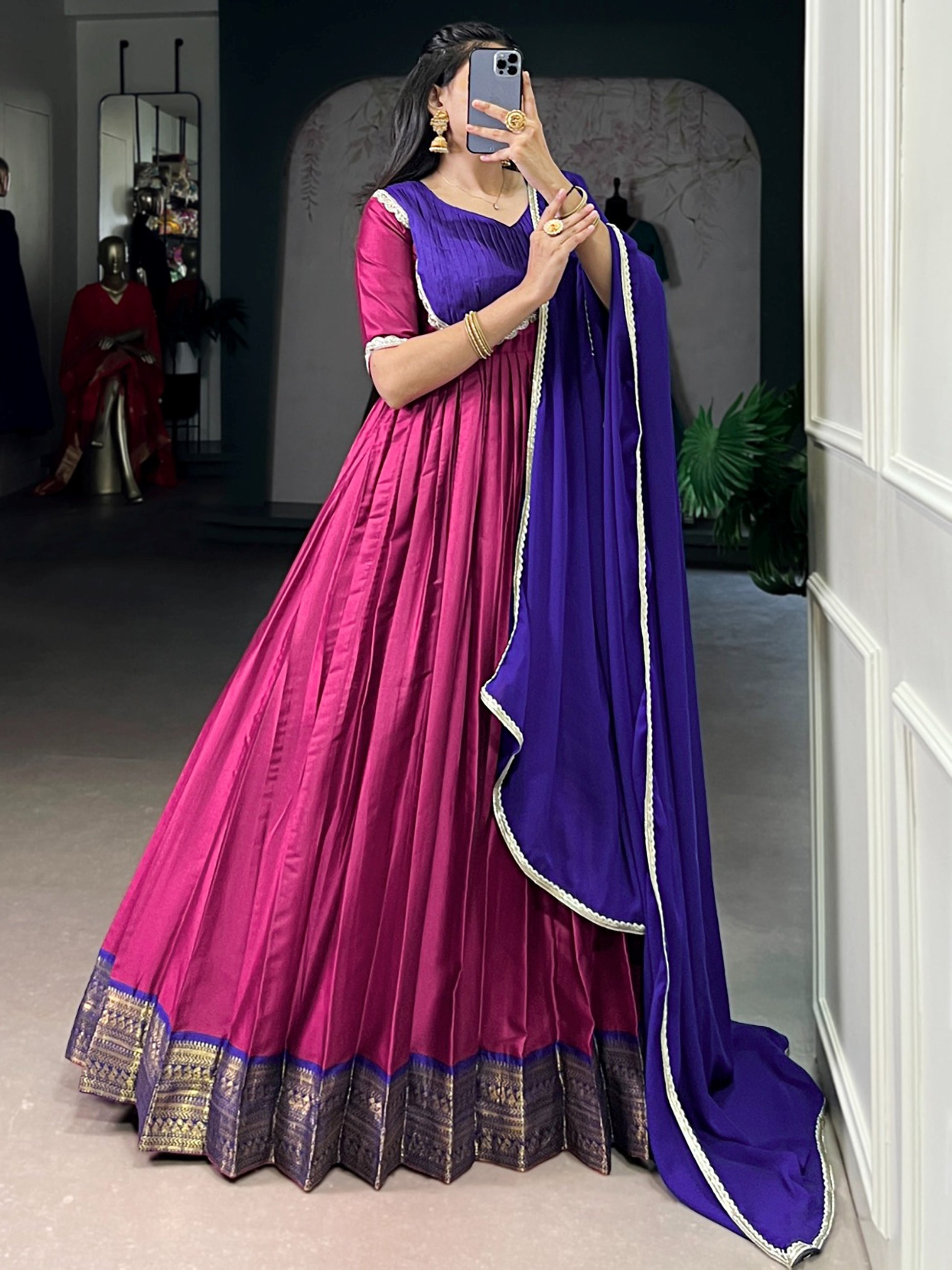 Lovable Pink Zari Weaving Border Silk Traditional Gown With Dupatta