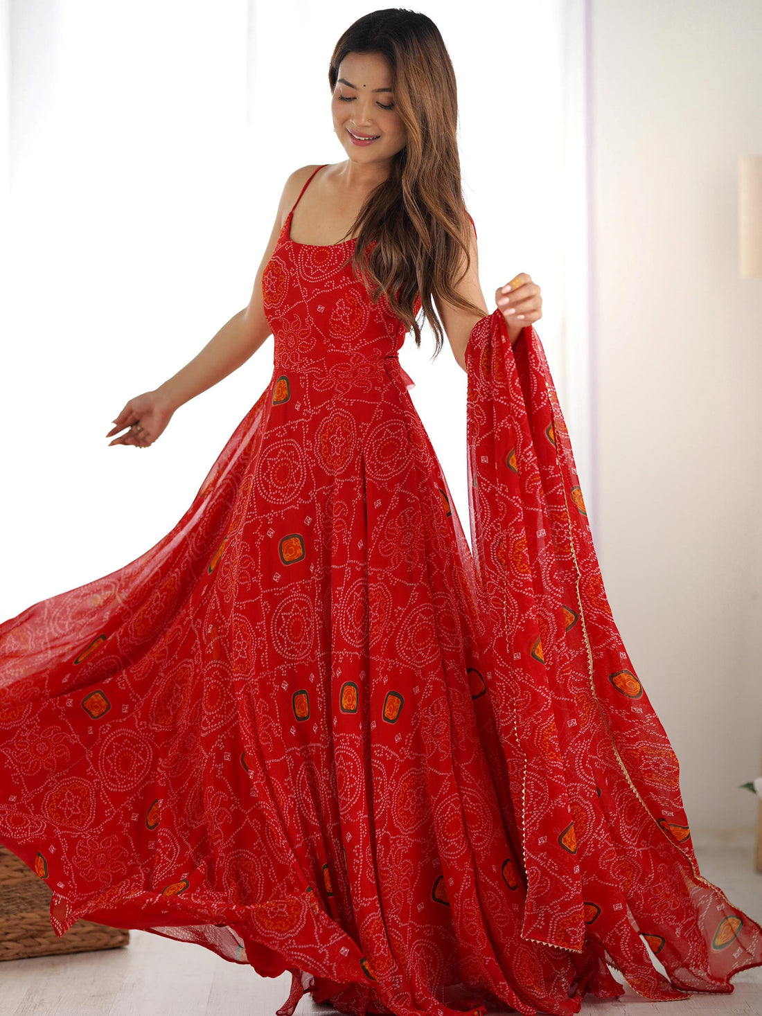 Stylish Red Bandhej Print Chiffon Festive Wear Anarkali Gown With Dupatta