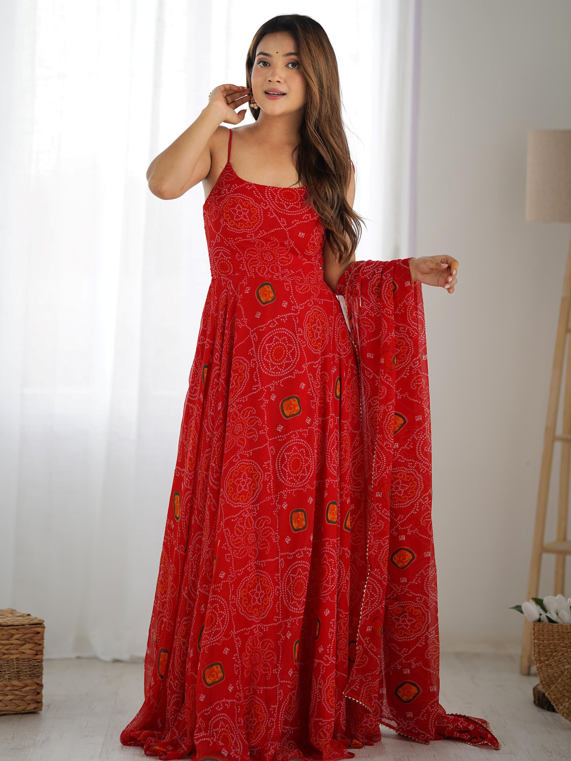 Stylish Red Bandhej Print Chiffon Festive Wear Anarkali Gown With Dupatta