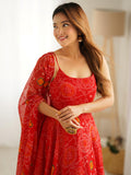 Stylish Red Bandhej Print Chiffon Festive Wear Anarkali Gown With Dupatta
