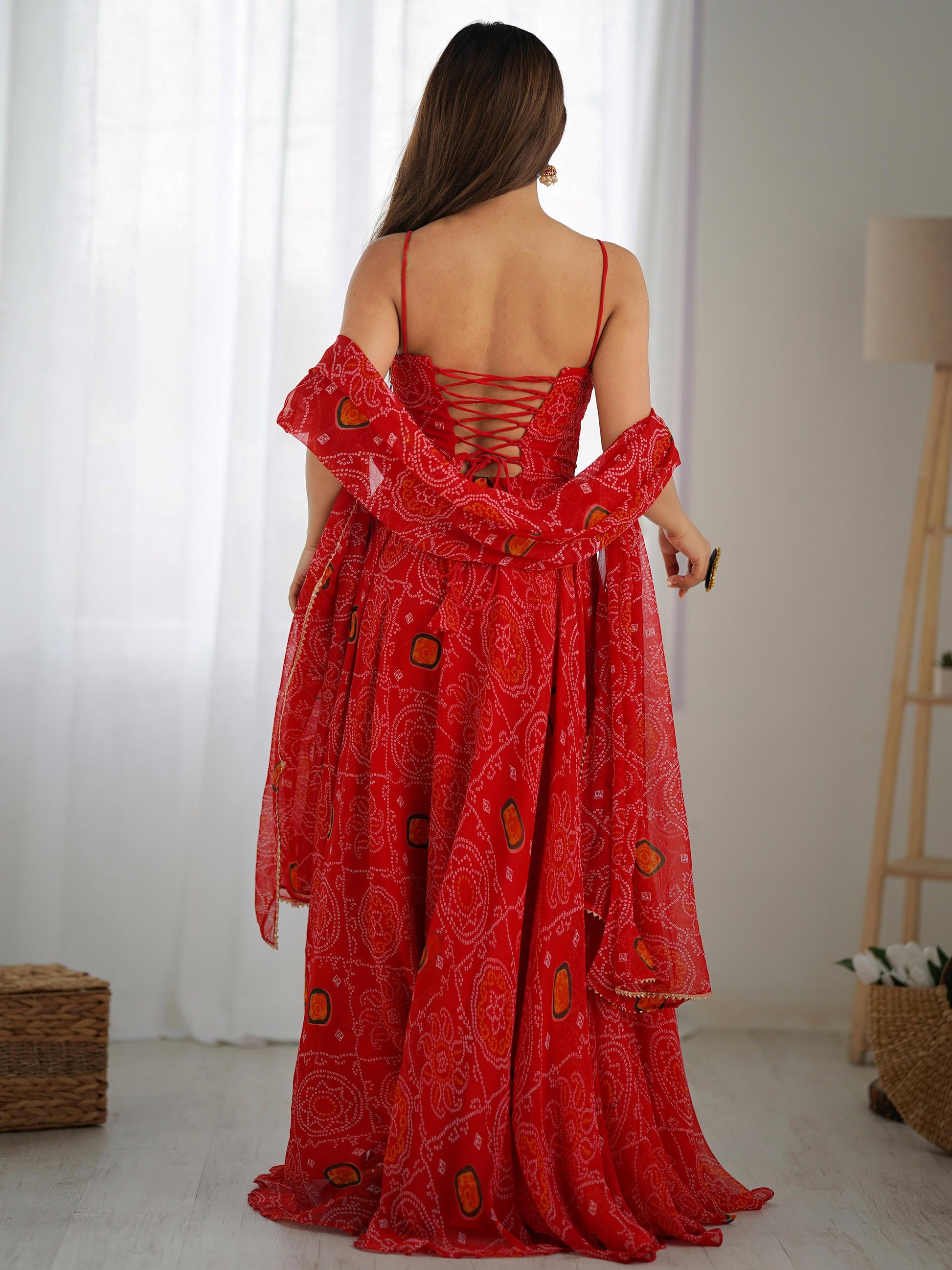 Stylish Red Bandhej Print Chiffon Festive Wear Anarkali Gown With Dupatta