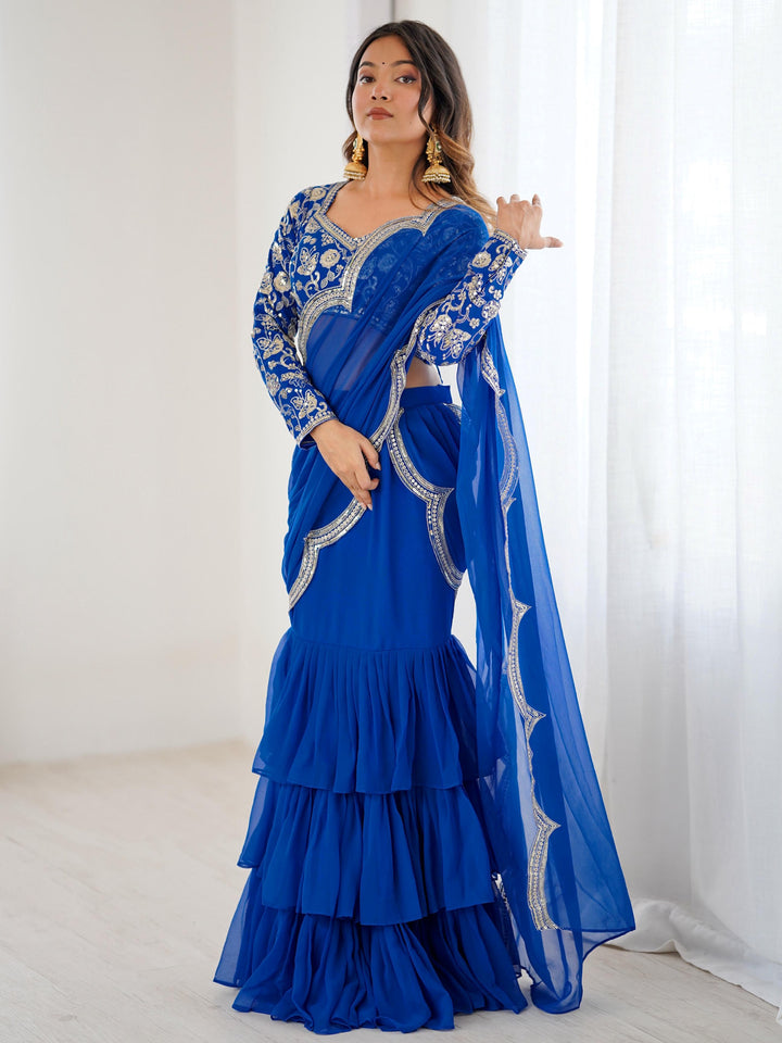 Elegant Blue Georgette Wedding Wear Ruffle Lehenga Saree With Embroidered Blouse