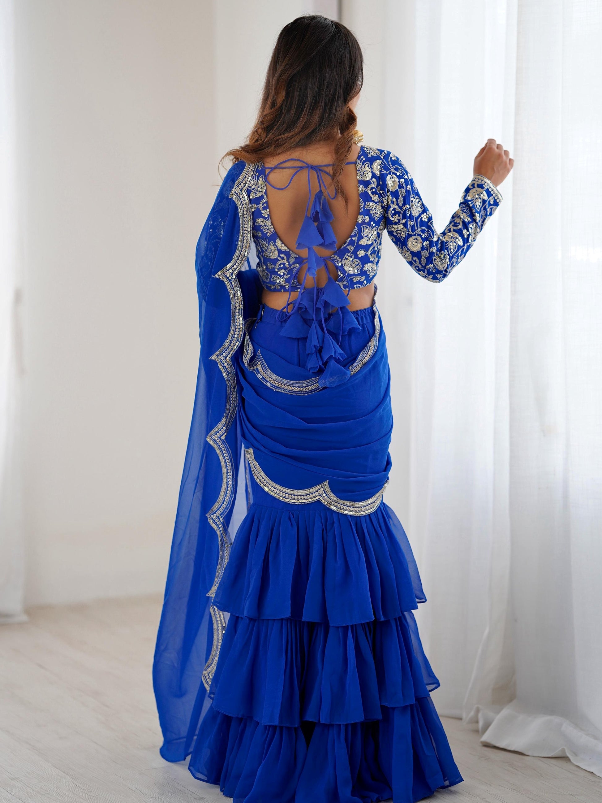 Elegant Blue Georgette Wedding Wear Ruffle Lehenga Saree With Embroidered Blouse