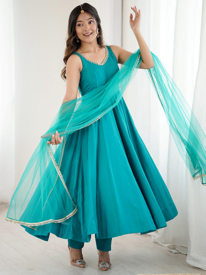Beautiful Teal Green Lace Work Chanderi Silk Festive Wear Anarkali Suit With Dupatta