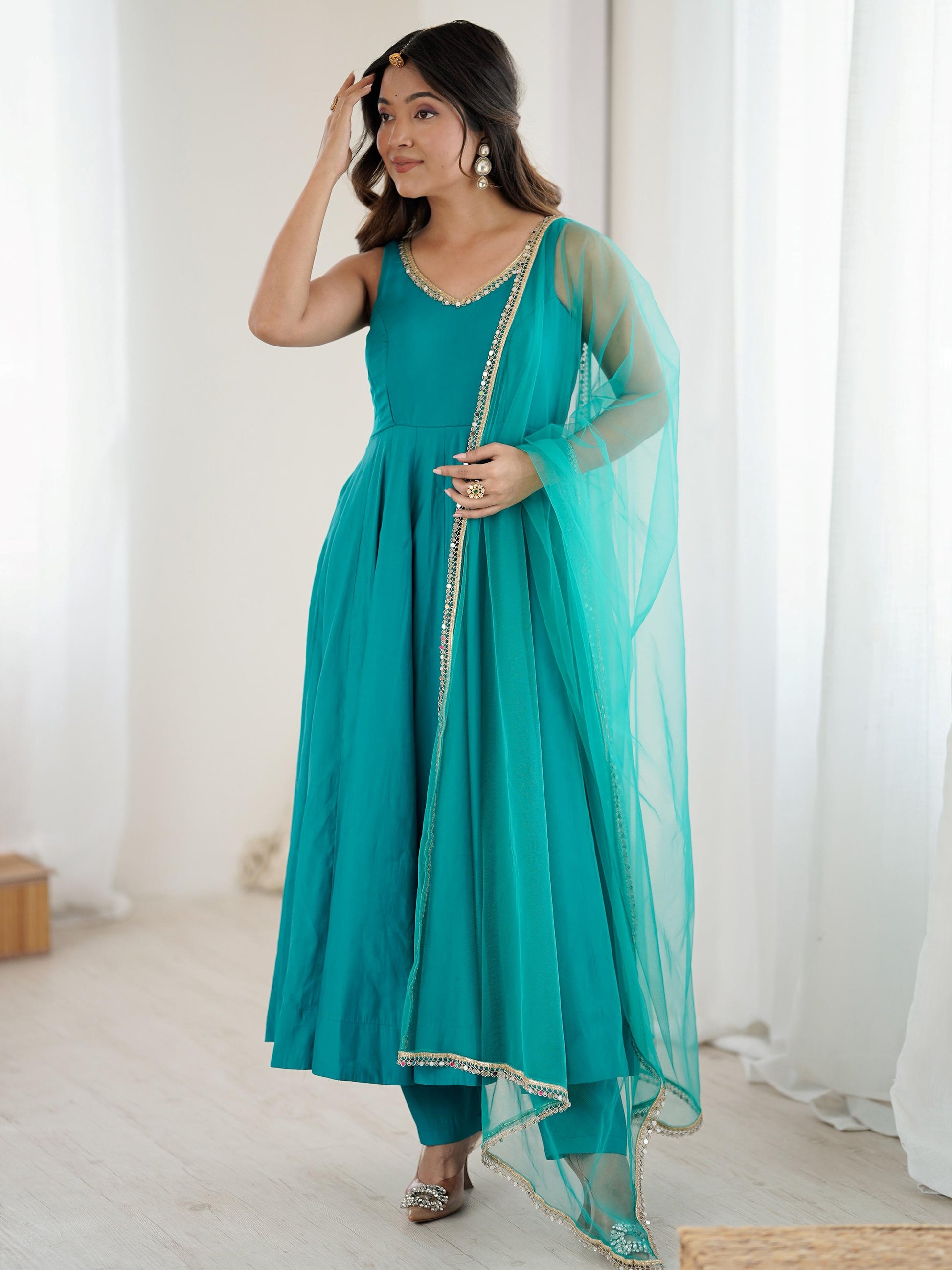Beautiful Teal Green Lace Work Chanderi Silk Festive Wear Anarkali Suit With Dupatta