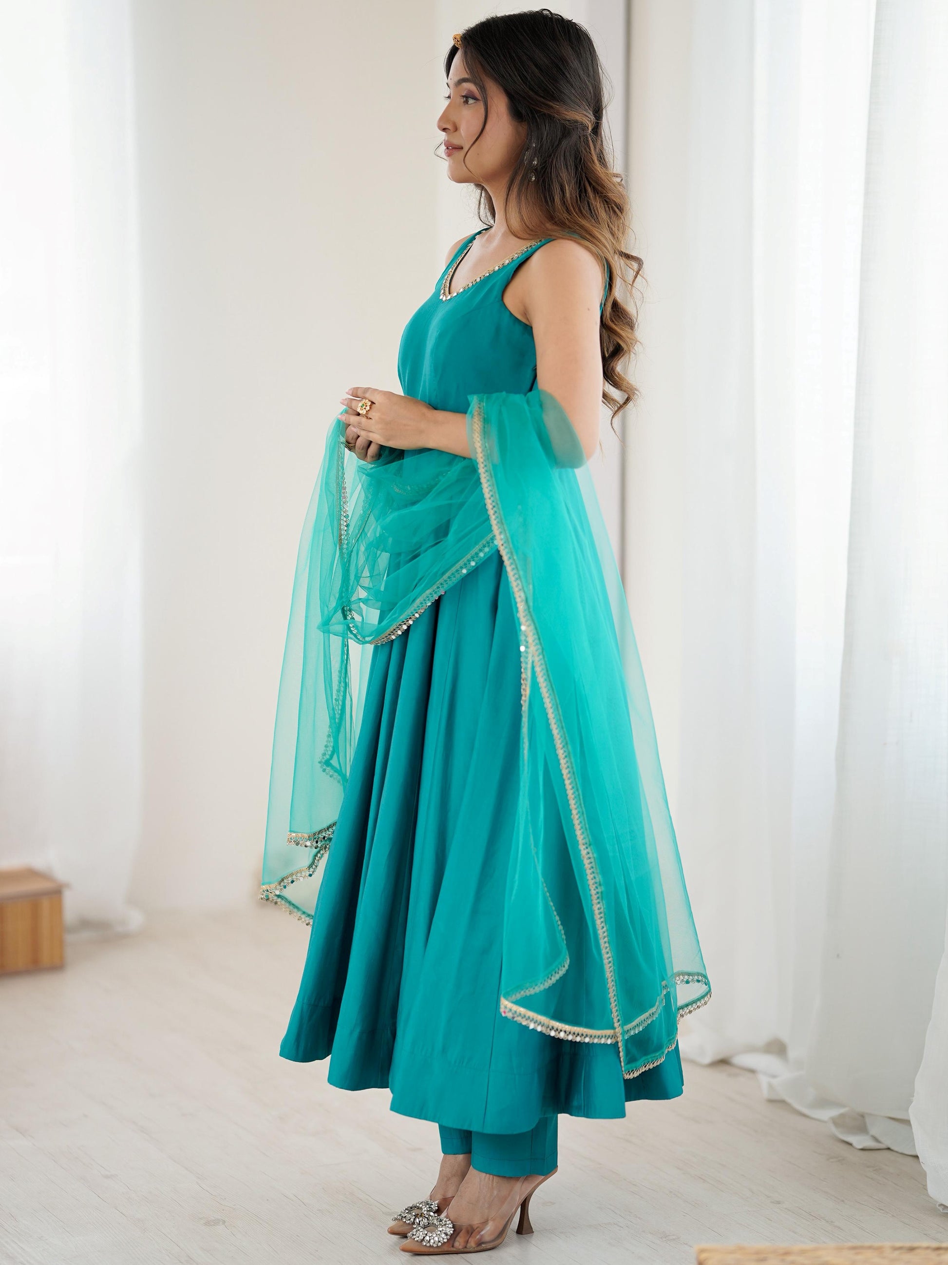 Beautiful Teal Green Lace Work Chanderi Silk Festive Wear Anarkali Suit With Dupatta