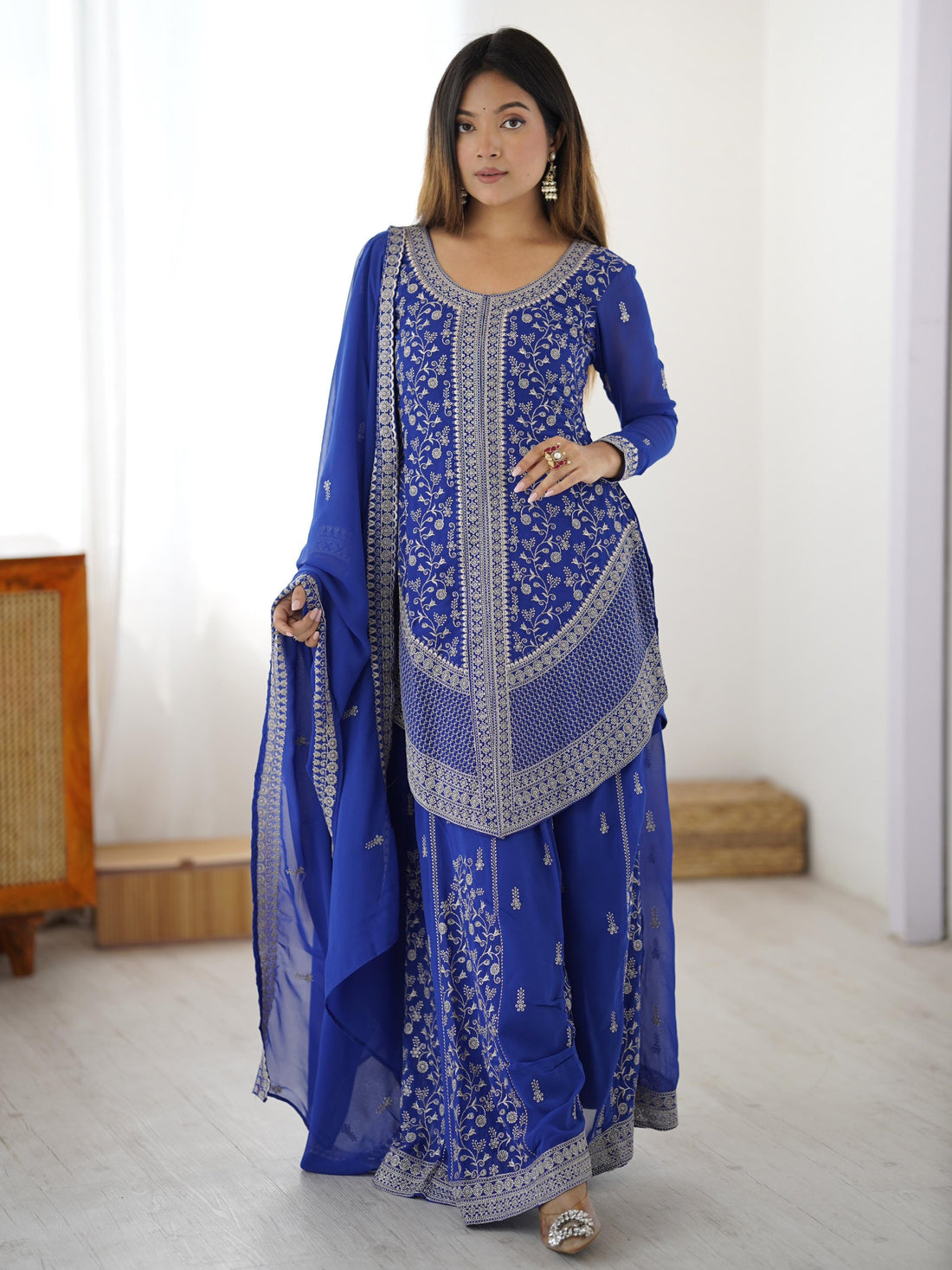 Magnetic Blue Sequins Georgette Festive Wear Palazzo Suit With Dupatta