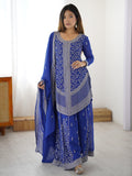 Magnetic Blue Sequins Georgette Festive Wear Palazzo Suit With Dupatta
