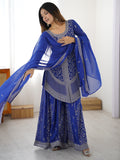 Magnetic Blue Sequins Georgette Festive Wear Palazzo Suit With Dupatta