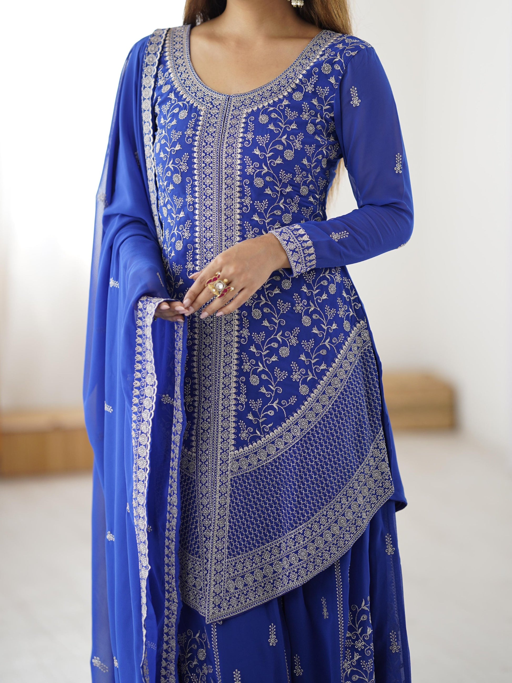 Magnetic Blue Sequins Georgette Festive Wear Palazzo Suit With Dupatta