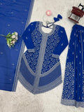Magnetic Blue Sequins Georgette Festive Wear Palazzo Suit With Dupatta