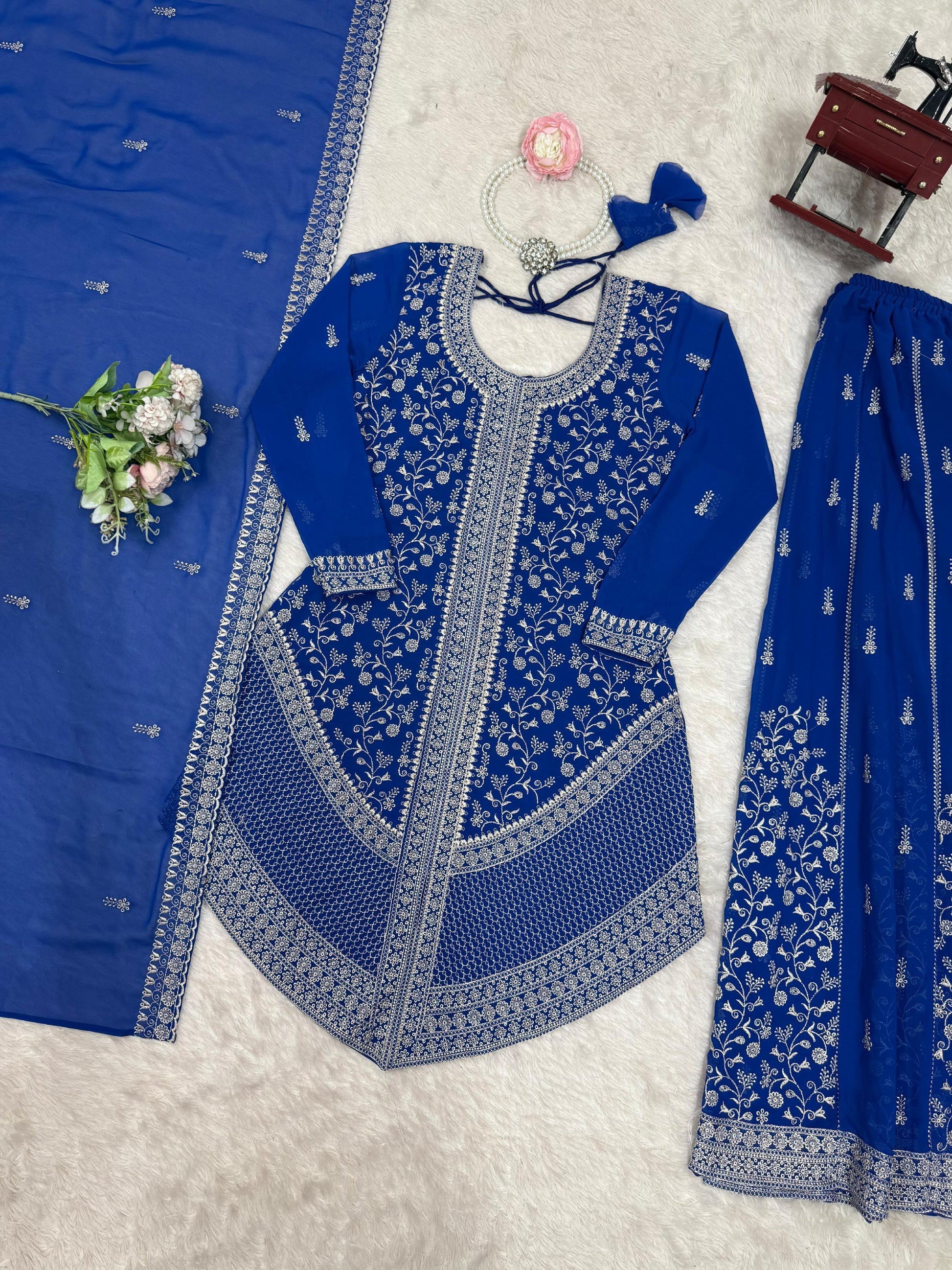 Magnetic Blue Sequins Georgette Festive Wear Palazzo Suit With Dupatta