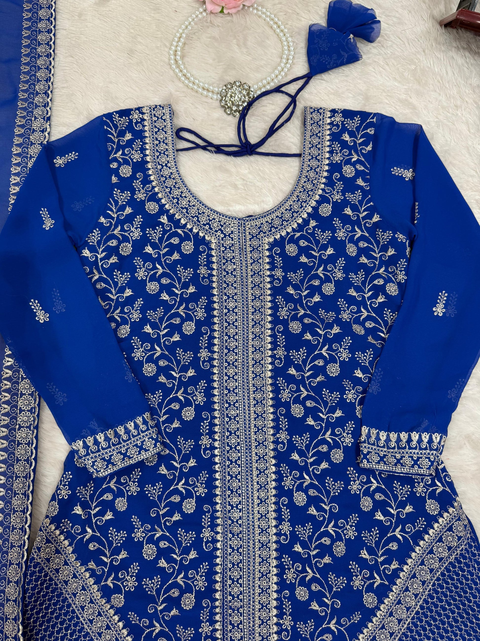 Magnetic Blue Sequins Georgette Festive Wear Palazzo Suit With Dupatta