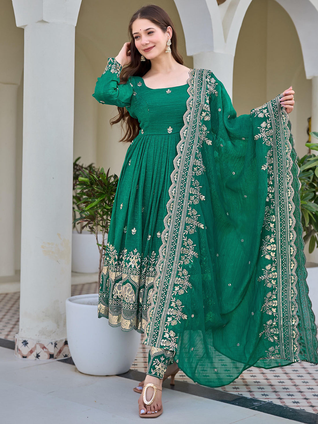 Adorable Green Embroidered Silk Festival Wear Anarkali Pant Suit With Dupatta