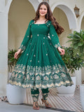 Adorable Green Embroidered Silk Festival Wear Anarkali Pant Suit With Dupatta