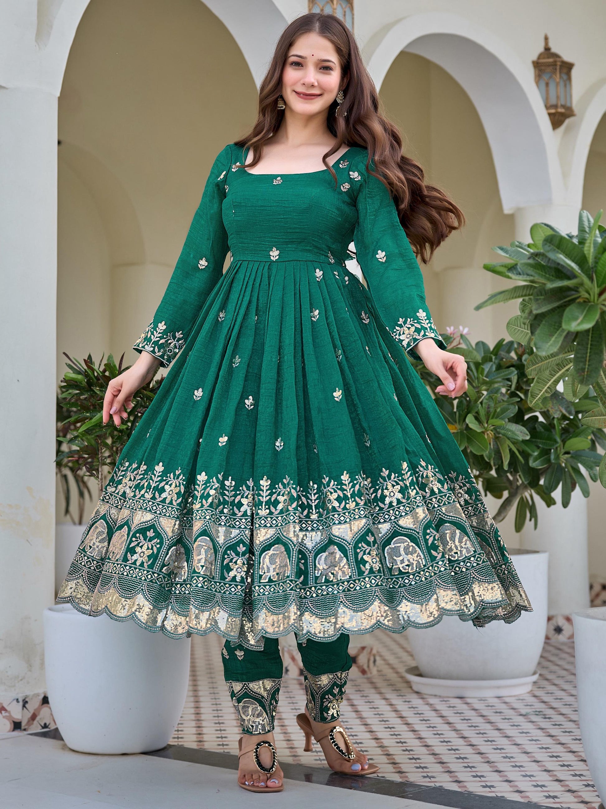 Adorable Green Embroidered Silk Festival Wear Anarkali Pant Suit With Dupatta