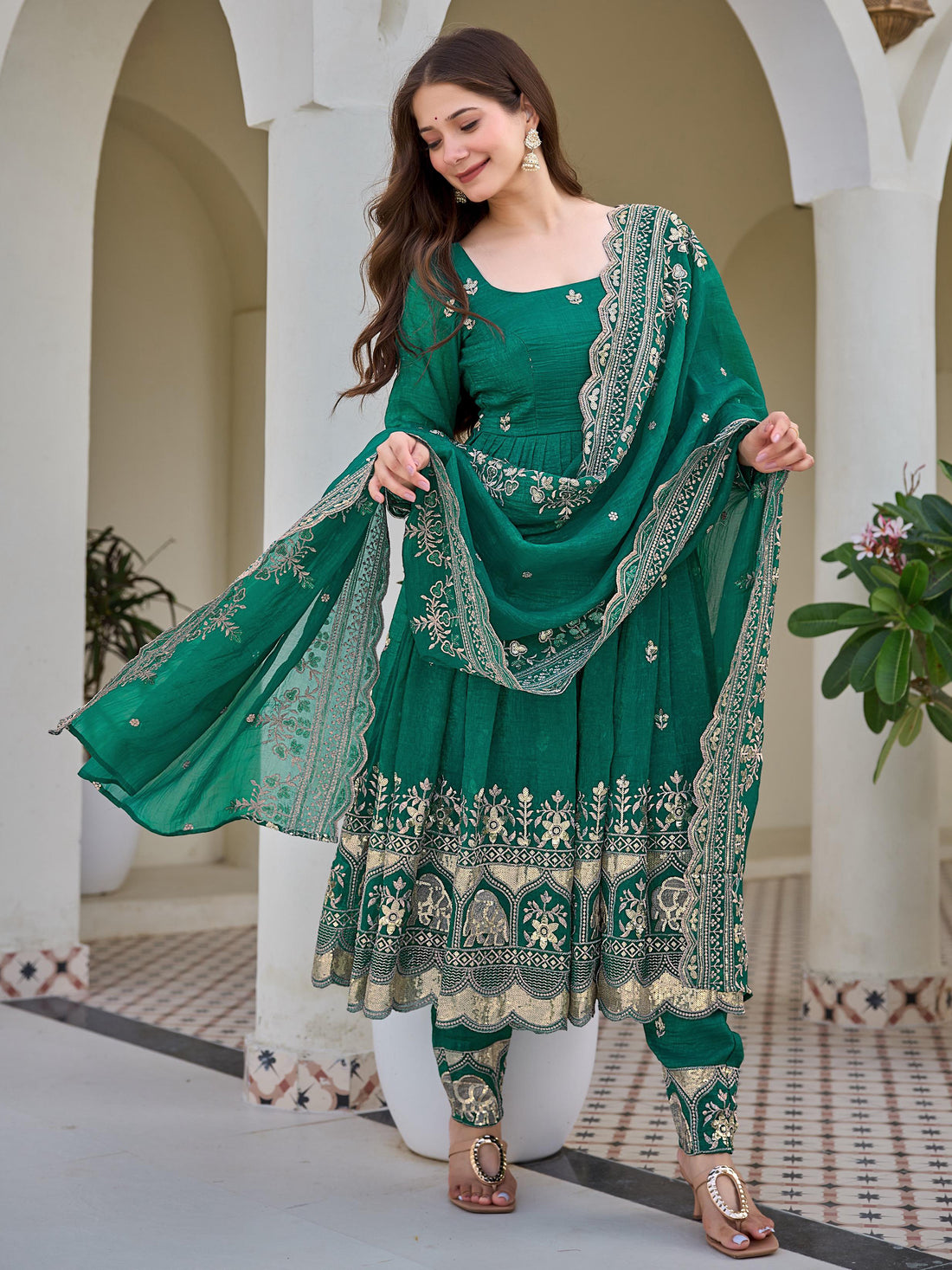 Adorable Green Embroidered Silk Festival Wear Anarkali Pant Suit With Dupatta