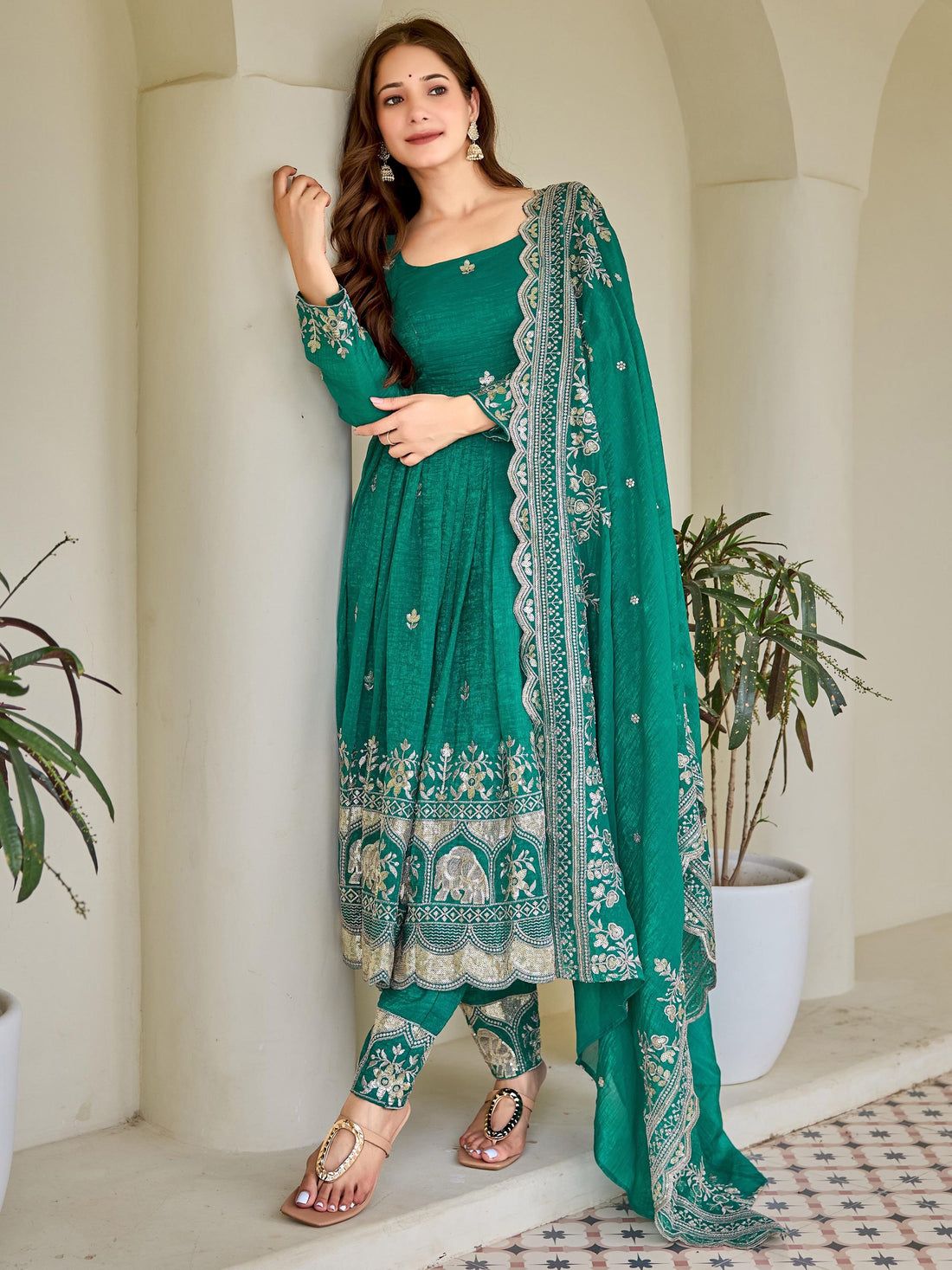 Adorable Green Embroidered Silk Festival Wear Anarkali Pant Suit With Dupatta
