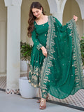 Adorable Green Embroidered Silk Festival Wear Anarkali Pant Suit With Dupatta