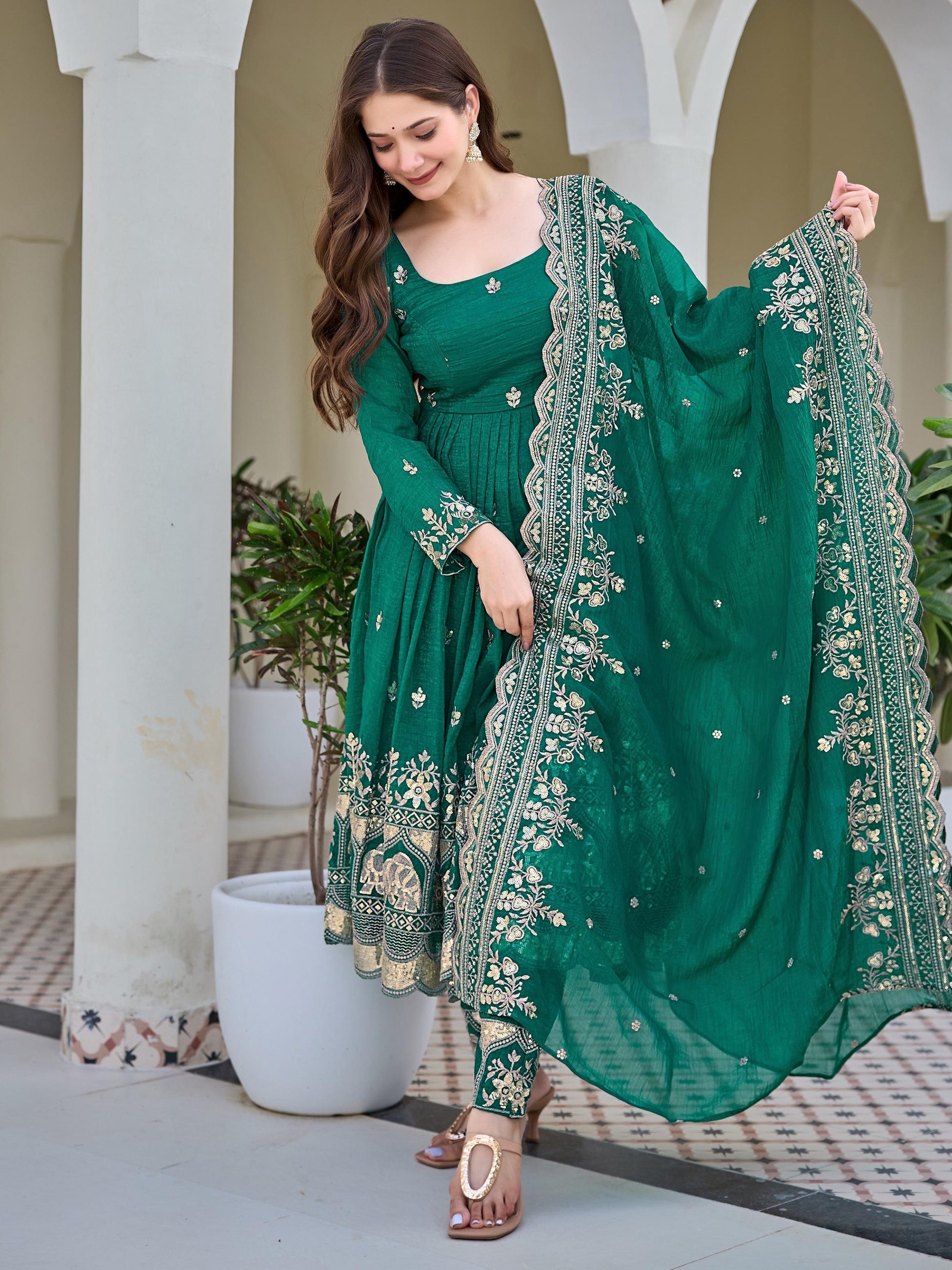 Adorable Green Embroidered Silk Festival Wear Anarkali Pant Suit With Dupatta