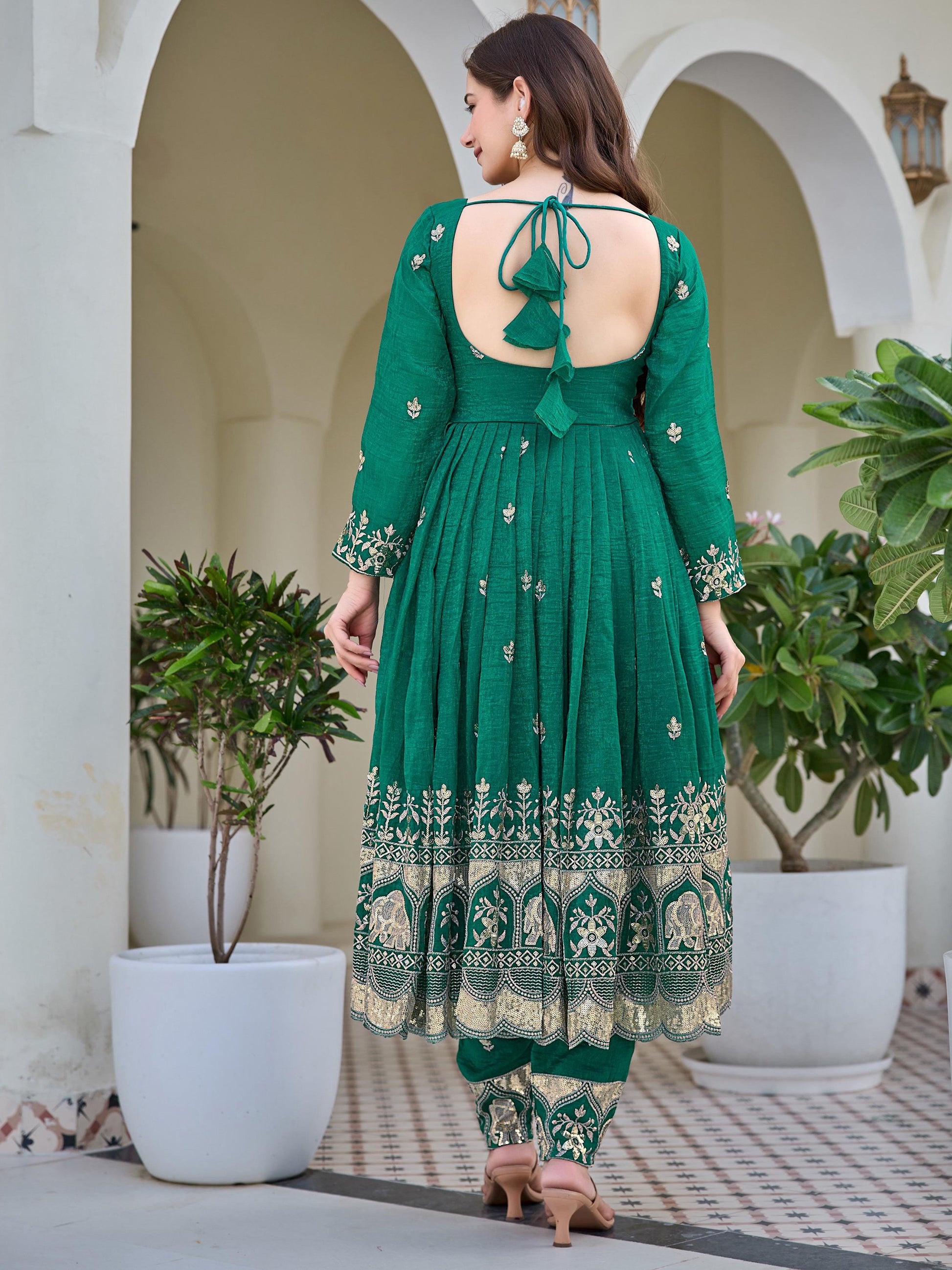Adorable Green Embroidered Silk Festival Wear Anarkali Pant Suit With Dupatta